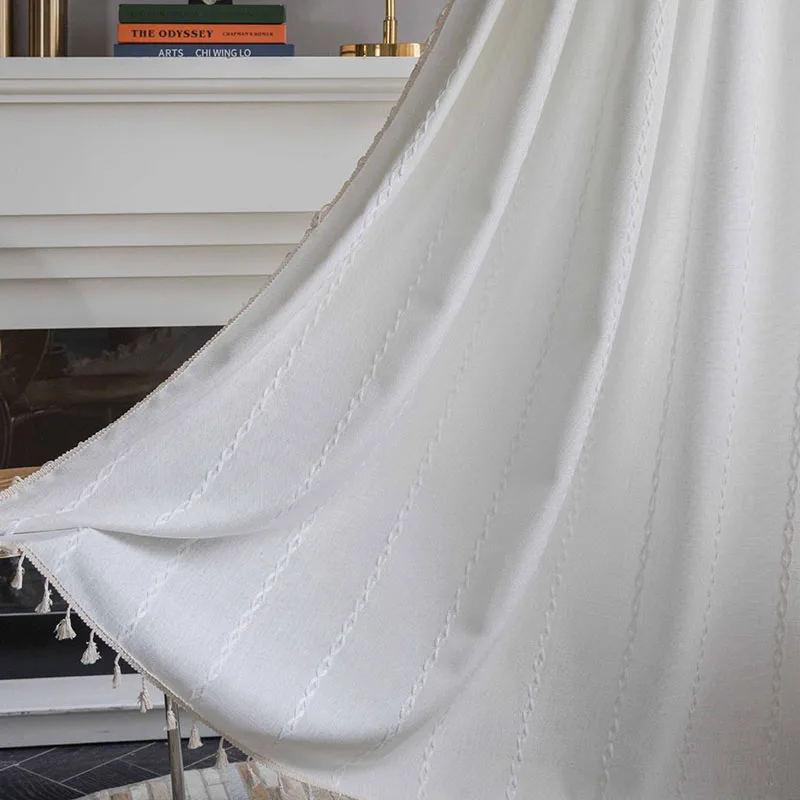 

Nordic Jacquard Shading Curtain with Fringe Striped Living Room Knitted Bay Window Drapes Sun Protection Rod Pocket Window Cloth