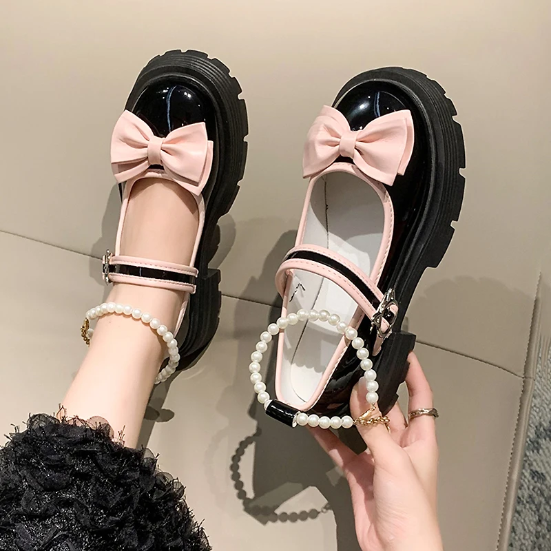 NEW Sweet Lovely Bowtie Pearl Lolita Shoes for Women Patent Leather Hook Loop Woman Non-Slip Thick Bottom Party Vulcanized Shoes