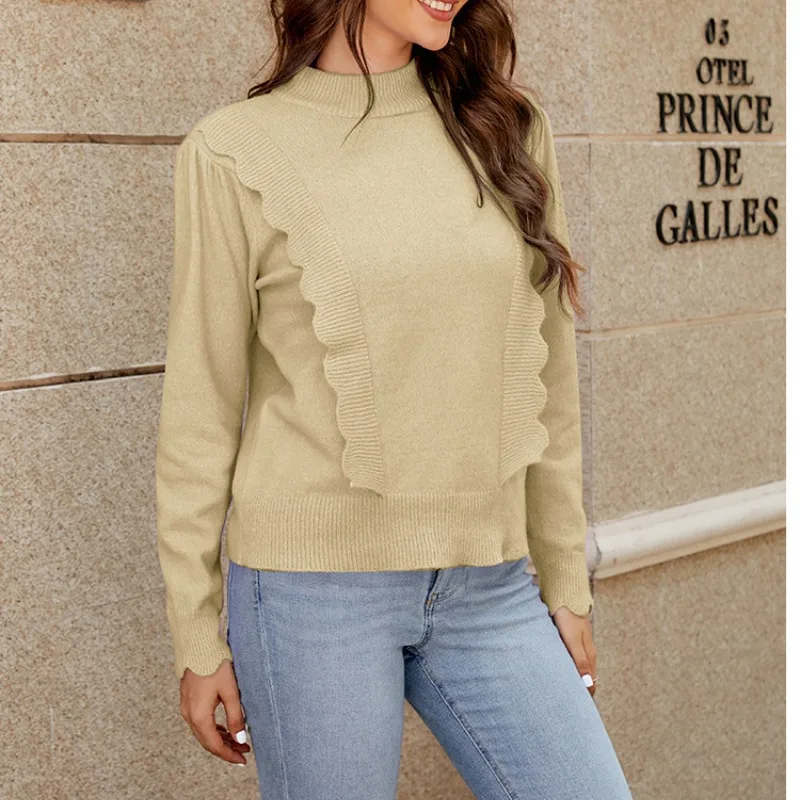 Autumn and Winter Women's Pullover Round Neck Solid Screw Thread Ruffles Long Sleeve Sweater Knitted Bottom Fashion Casual Tops