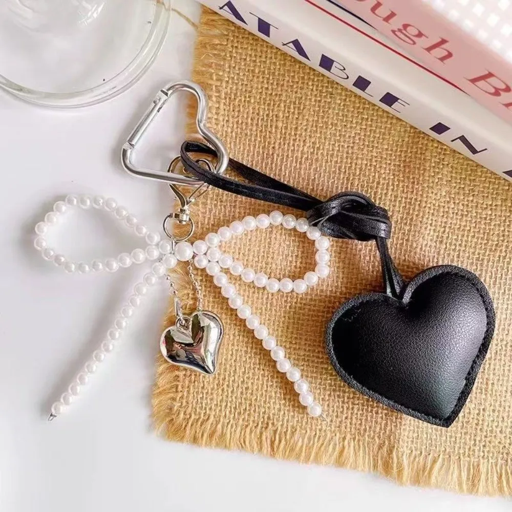 Fashion PU Bow Heart Long Tassel Glossy Leather Tassel Love Heart Pendant Pearl Bow Keyring Bag Charm Accessories