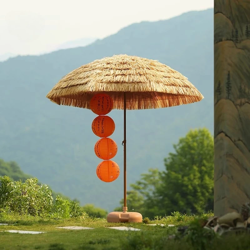 

Foldable Faux Straw Thatched Umbrella - Outdoor Beach Patio Sunshade ，UV Protection Umbrella for Garden Villa Scenic Area