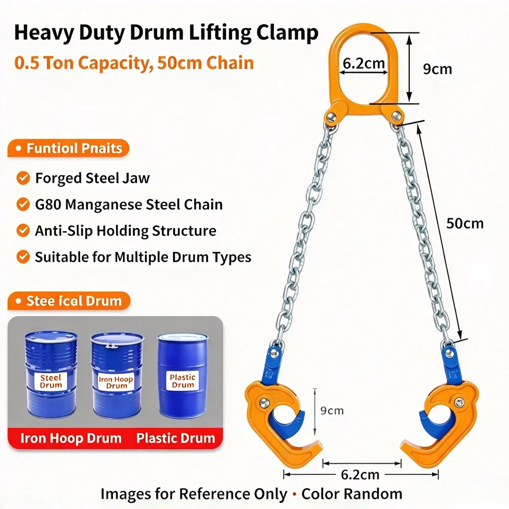Chain Sling Oil Tank Barrel Handling 0.5Ton Iron Drum Lifter Clamp Heavy Duty Steel Chain Hoist Rigging Equipment Industrial