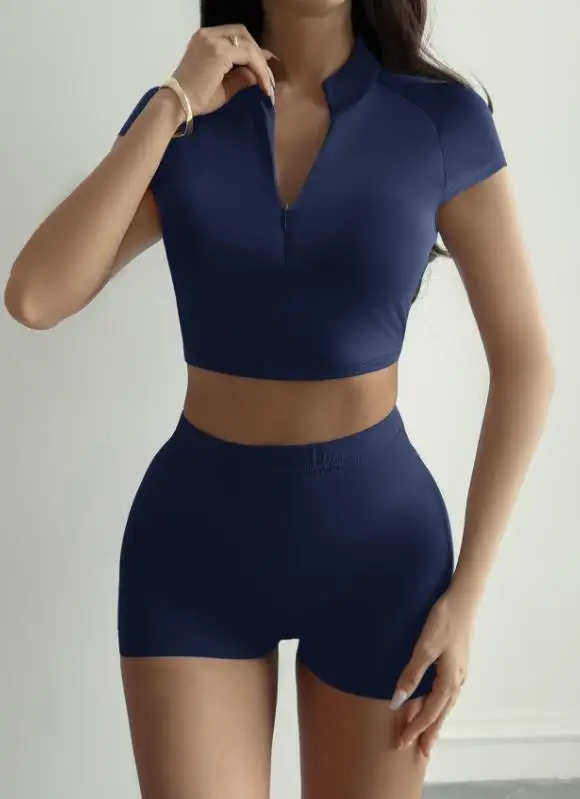 

Solid Color Tight Women's Sports 2-Piece Set with V-Neck Zipper, Short Crop Top T-Shirt and High Waist Tight Shorts Set