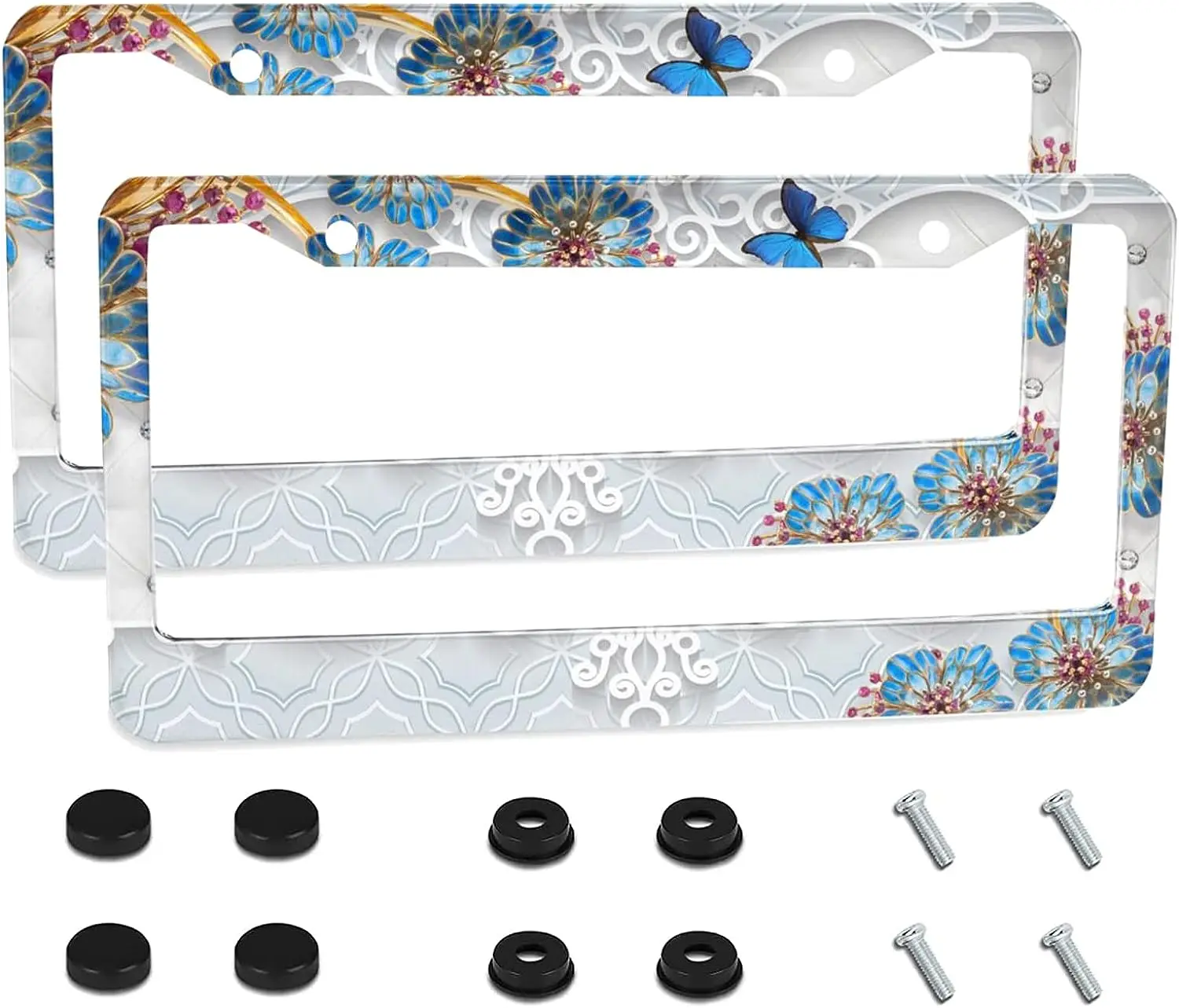 

2 шт., автомобильные рамки для номерного знака с изображением цветов, синего жемчуга, бабочки