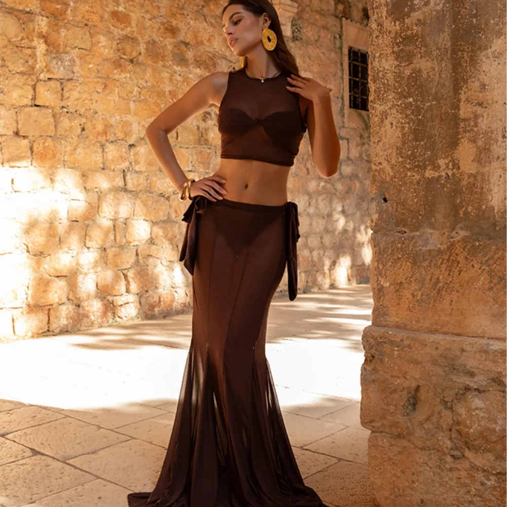 

Сексуальный прозрачный сетчатый кроп-топ с длинной юбкой, женский комплект из 2 предметов, модный купальник, роскошный пляжный костюм для женщин