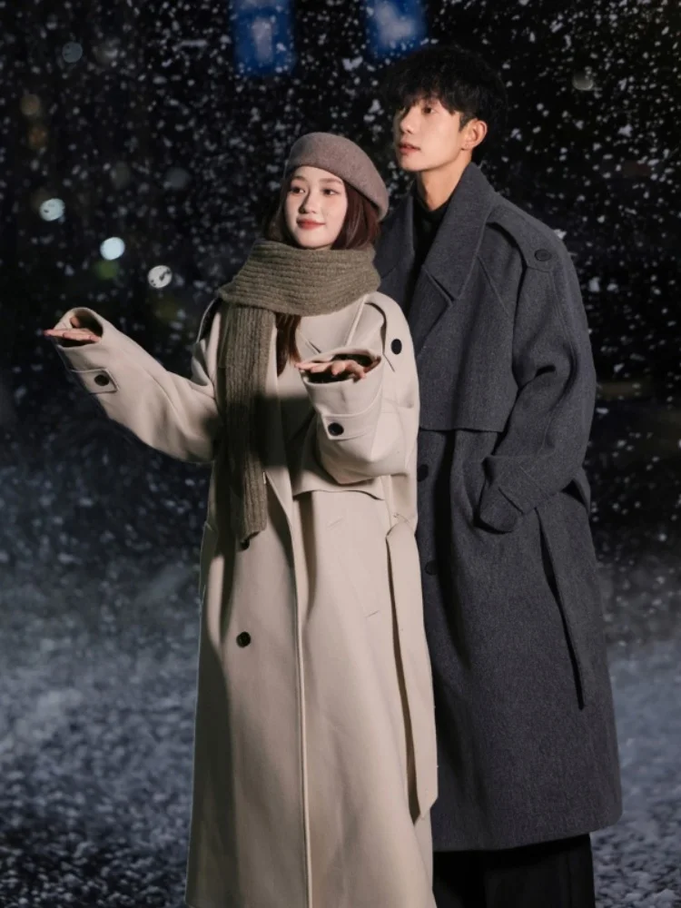 

Men's Mid-Length Woolen Coat Autumn Winter Double-Breasted Knee-Length Overcoat Briti Sle Warmth Youthful Vitali Faion