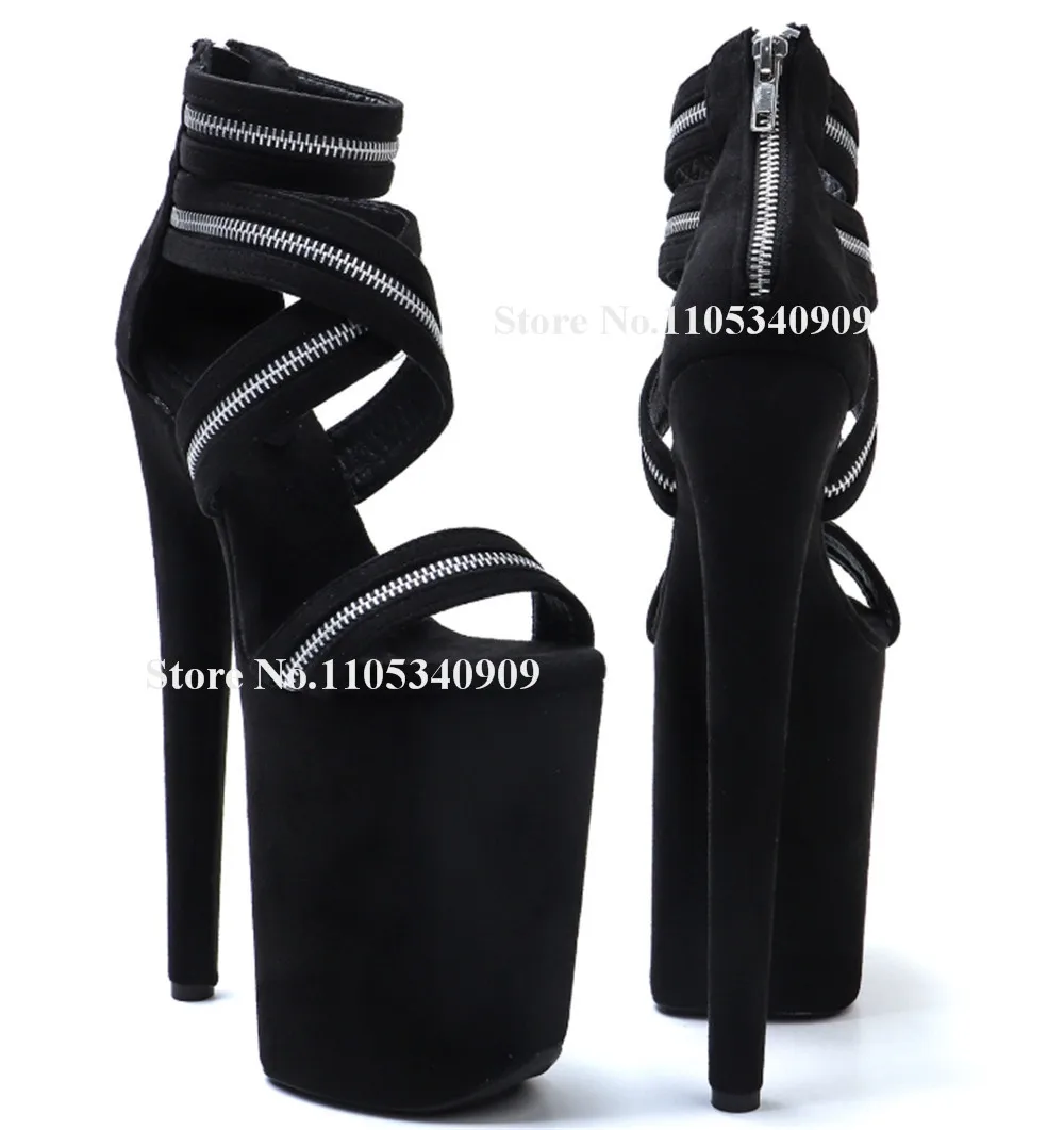 Bondarenko Zippers Decorated Stiletto Heel Sandals Peep Toe Black Suede High Platform 20cm Thin Heel Party Pumps Dance Shoes