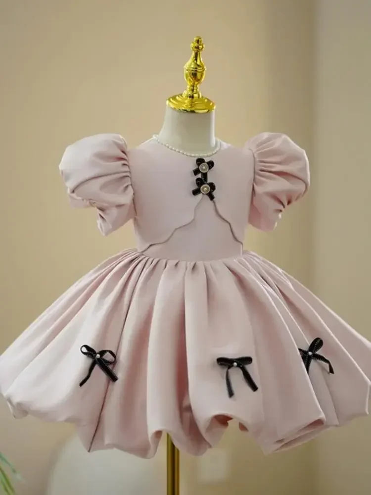 Vestidos de aniversário para meninas elegantes, festa infantil, flor, vestido rosa para casamentos, crianças, vestidos de baile para eids, miçangas, laço