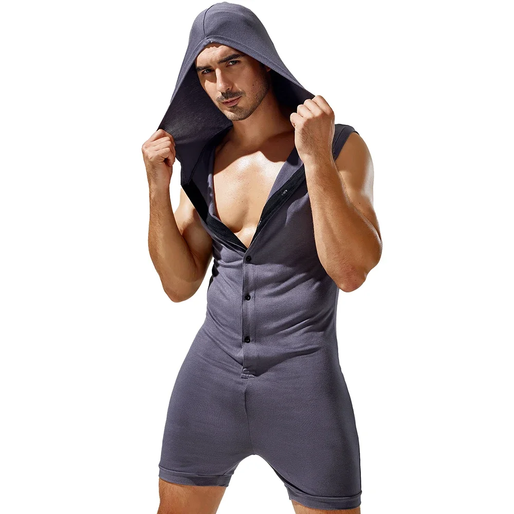 Men's Fashion Sleeveless Hooded Jumpsuit Streetwear Breathable Button Bodysuit Hooded Romper Short Pant Bodysuit Leotard Pajamas