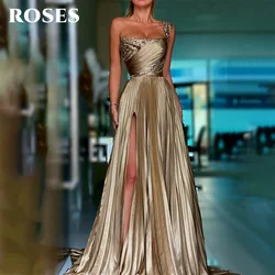 ROSES Gold Stain Prom Dresses One Shoulder Celebrity Dresses Glitter Pleat Women's Evening Dress Split Beach Formal Gown 프롬 드레스