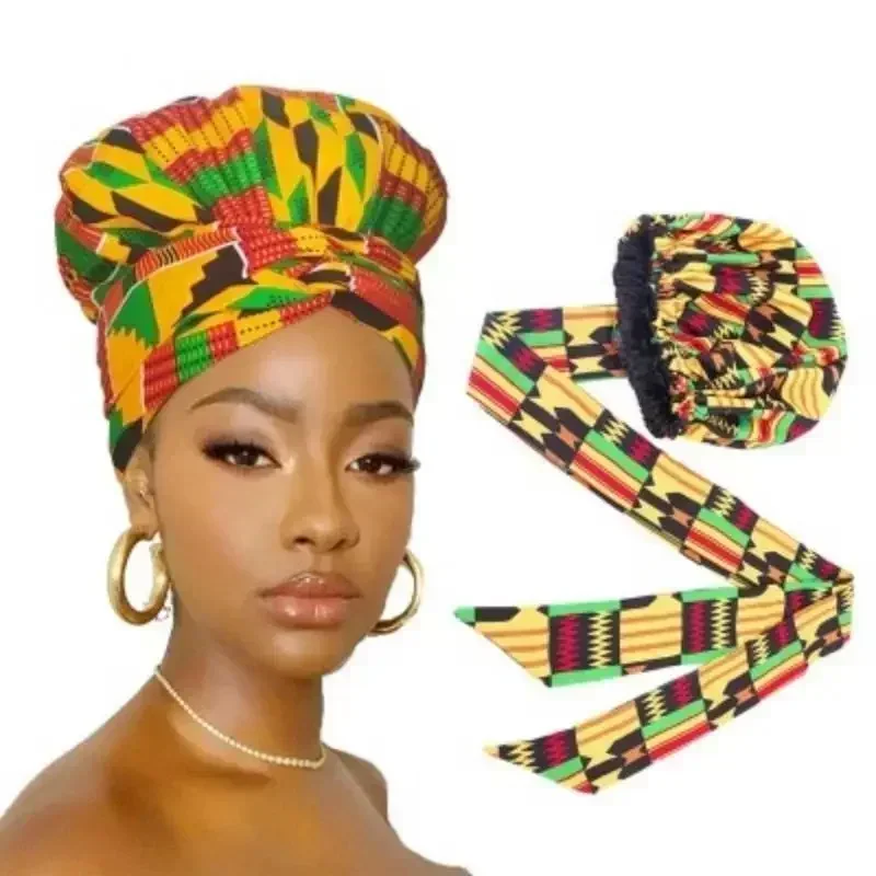 

African Ankara Pattern Satin Linned Bonnet Women Long Ribbon Headwrap Double Layer Headscarf Big Size Adult beanie For