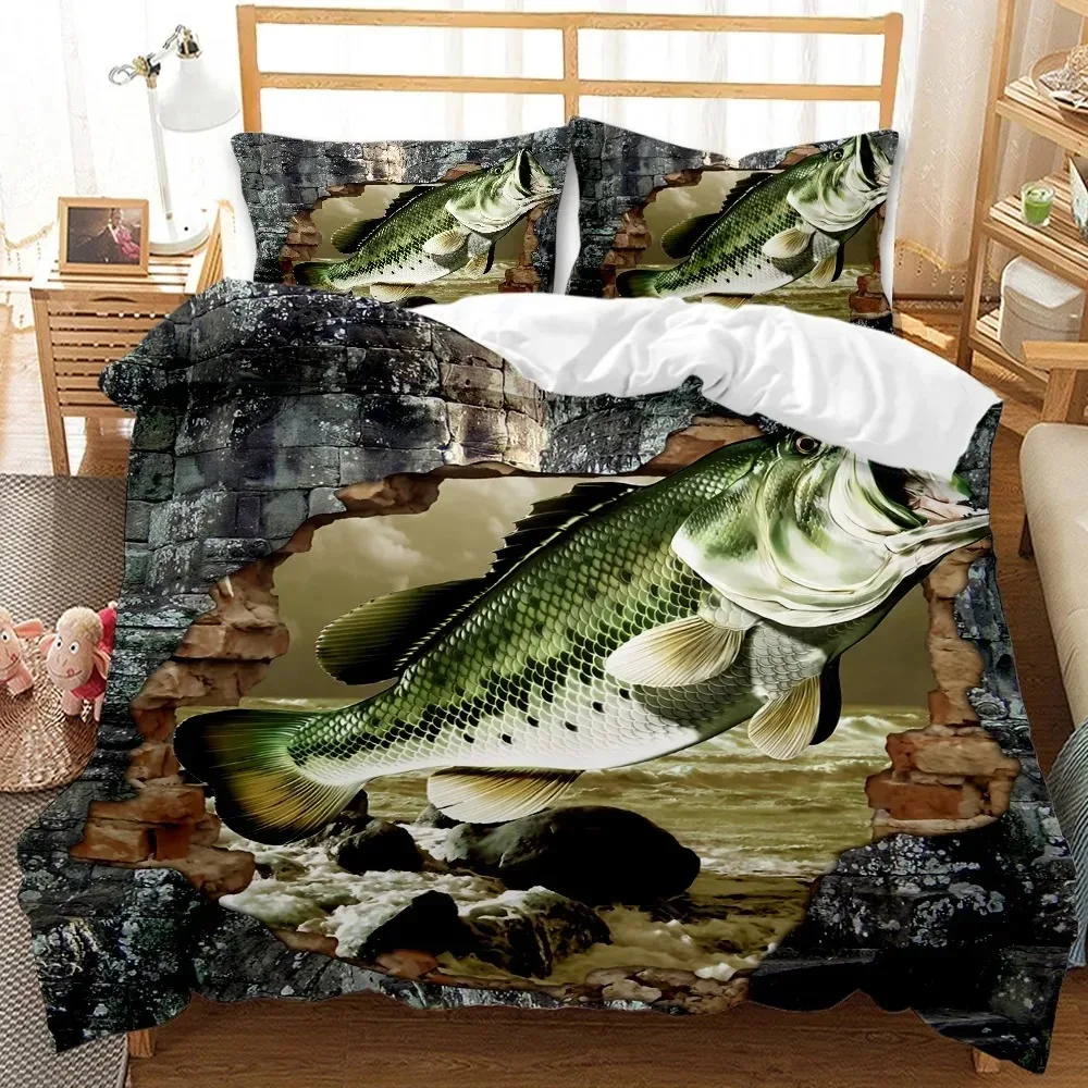 3D Print Big Pike Fishing Hunting Fly Bedding Set Double Twin King Duvet Cover Comforter Pillowcase Boys Girls Adults Bedroom