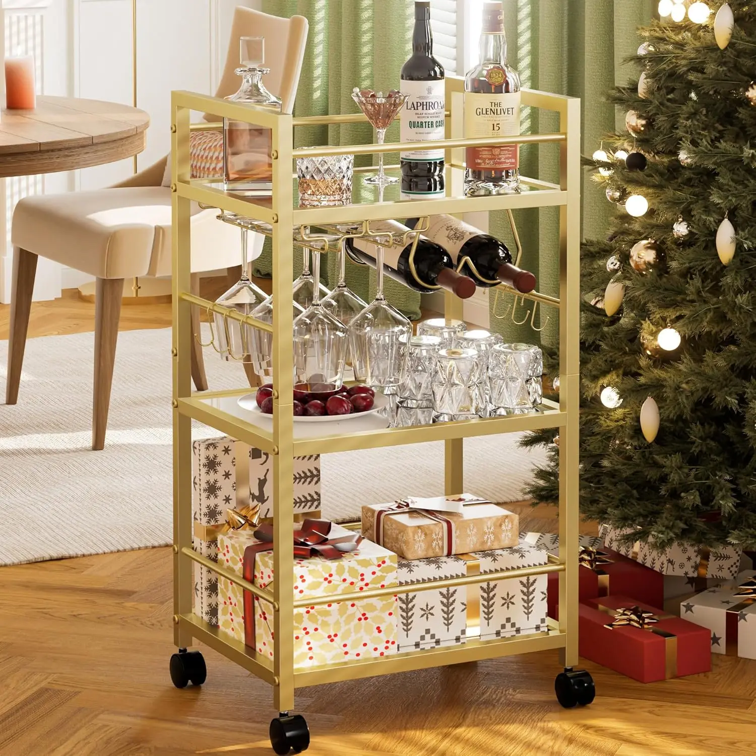 

Gold Rolling Bar Cart with Wine Rack, Glass Holder, and Lockable Wheels for Home Kitchen Dining