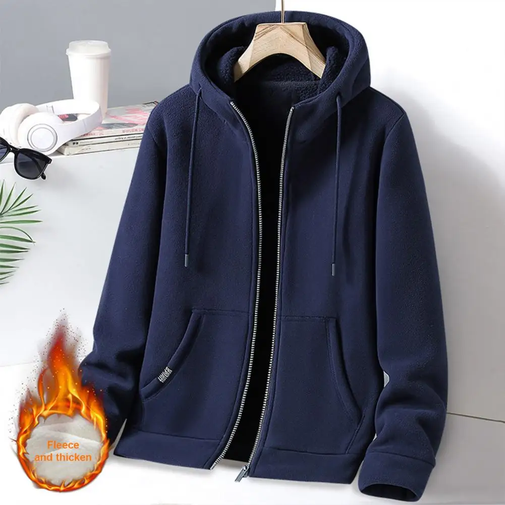 Men Hooded Jacket Men's Hooded Zipper Closure Winter Coat with Drawstring Thick Warm Cardigan Jacket for Daily Wear Men Warm