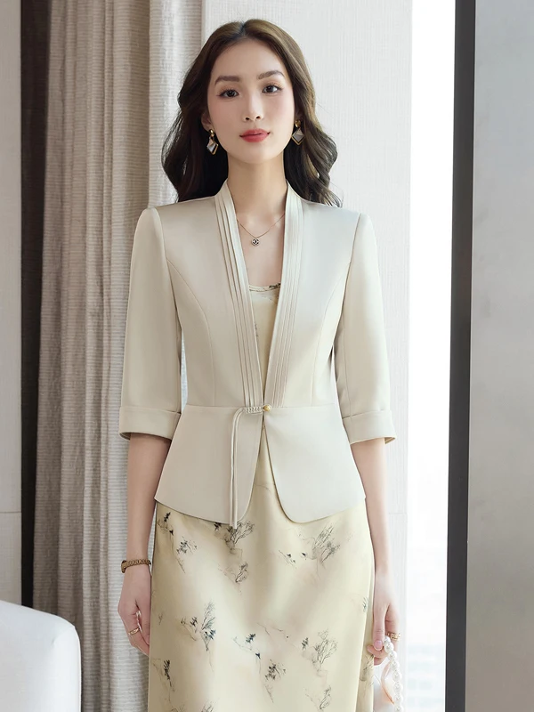 Fashionable Elegant Women's Suit Jacket Seven-Quarter Sleeve Slim Fit Chinese Style Breathable Polyester Fiber V-Neck Short Coat