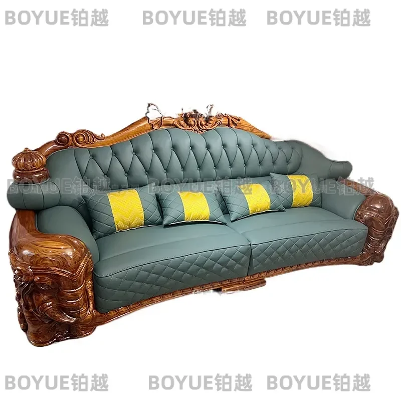 Luxury New Chinese Style Solid Ebony Wood Sofa Set Thickened Top Layer Genuine Leather Carved Elephant Crown Design for Villa