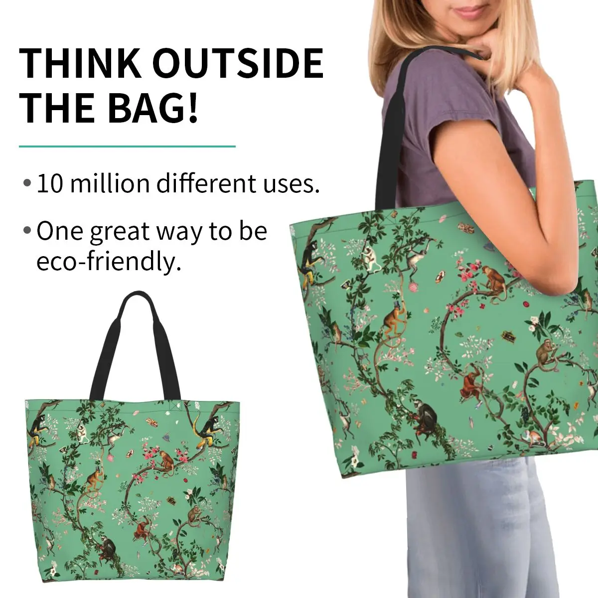 Monkey World Green Shopping Tote Bag Canvas Large Capacity Shoulder Bags Shopper Grocery Handbag for Women