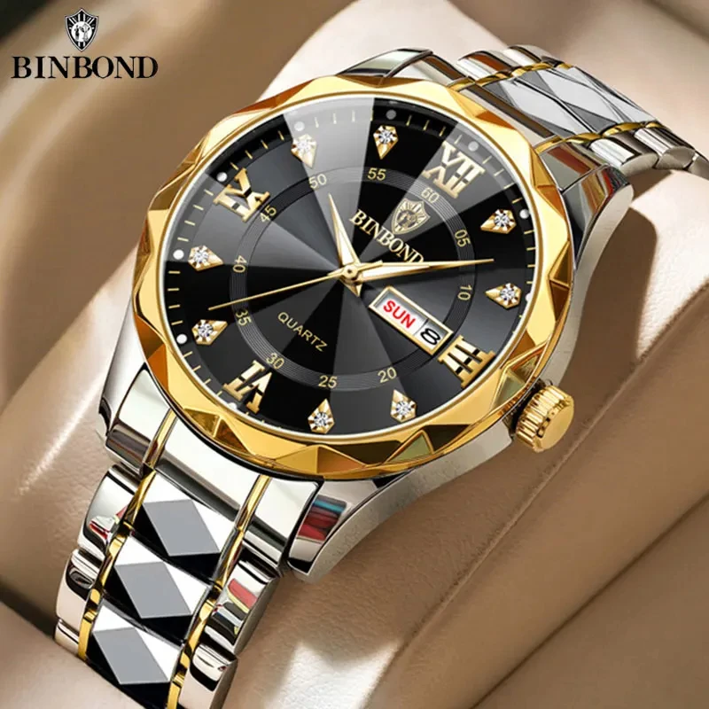 BINBOND Man Wristwatch Top Brand Luxury Waterproof Luminous Date Week Men Watches Stainless Steel Quartz Men\'s Watch Male reloj