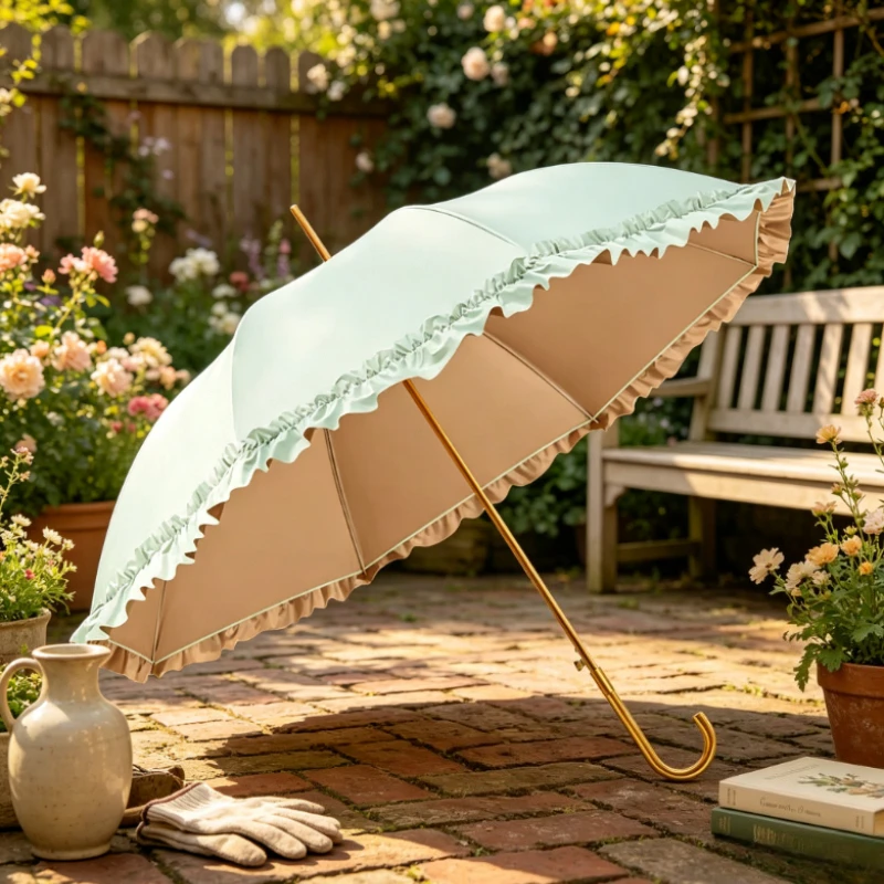 Coated Long Handle Sun Umbrella UV Protection Parasol with Lace Trim Good-looking Rain Sun Umbrella Lightweight Travel Parasol