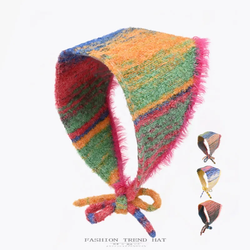 

Japanese Gradual Change Color Knitted Headscarf Women Autumn and Winter Warm Triangle Towel Dopamine Burr Strap Hair Accessories