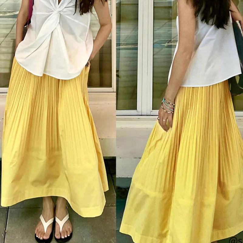 YFPF – jupe longue décontractée pour femmes, taille élastique, couleur unie, ligne A, ample, mode, vêtements polyvalents, nouvelle collection printemps 2026