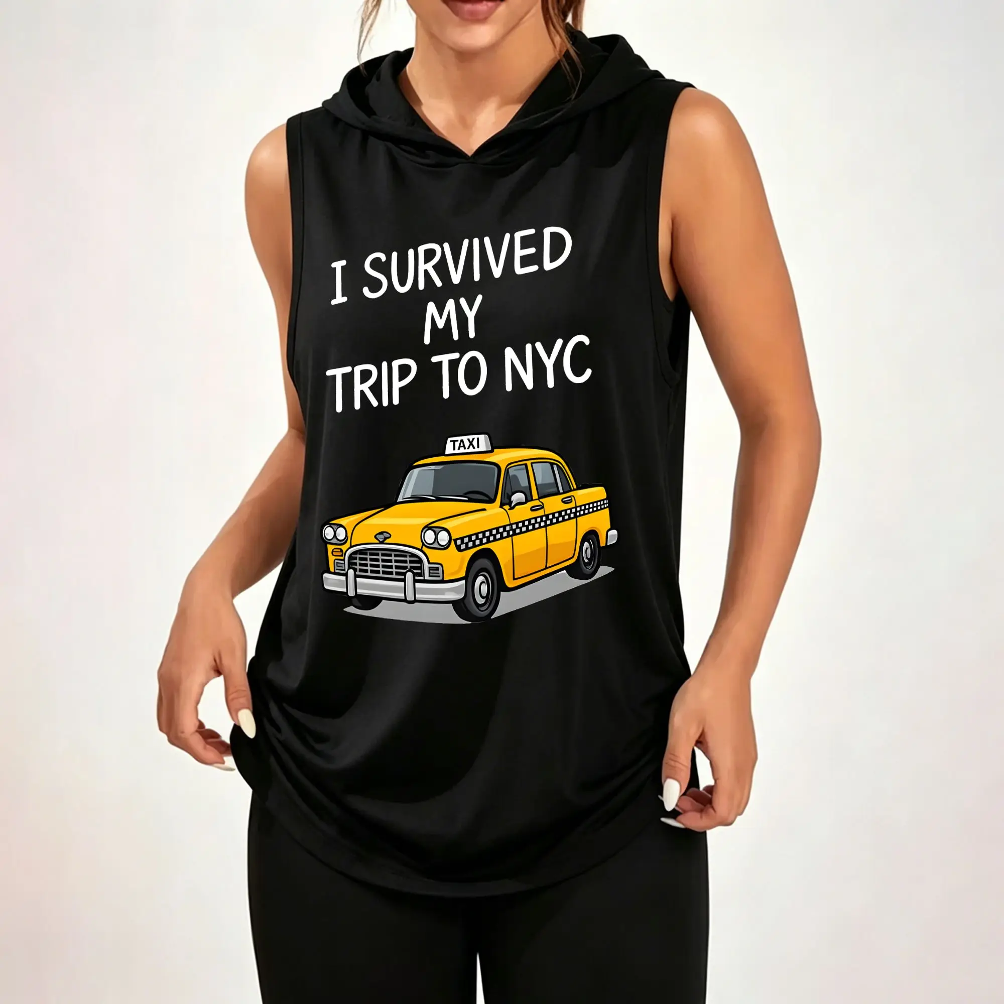 Women's Sleeveless Hoodie, I Survived My Trip To NYC Classic Yellow Taxi Cartoon Graphic Print Casual Hooded Tank Top