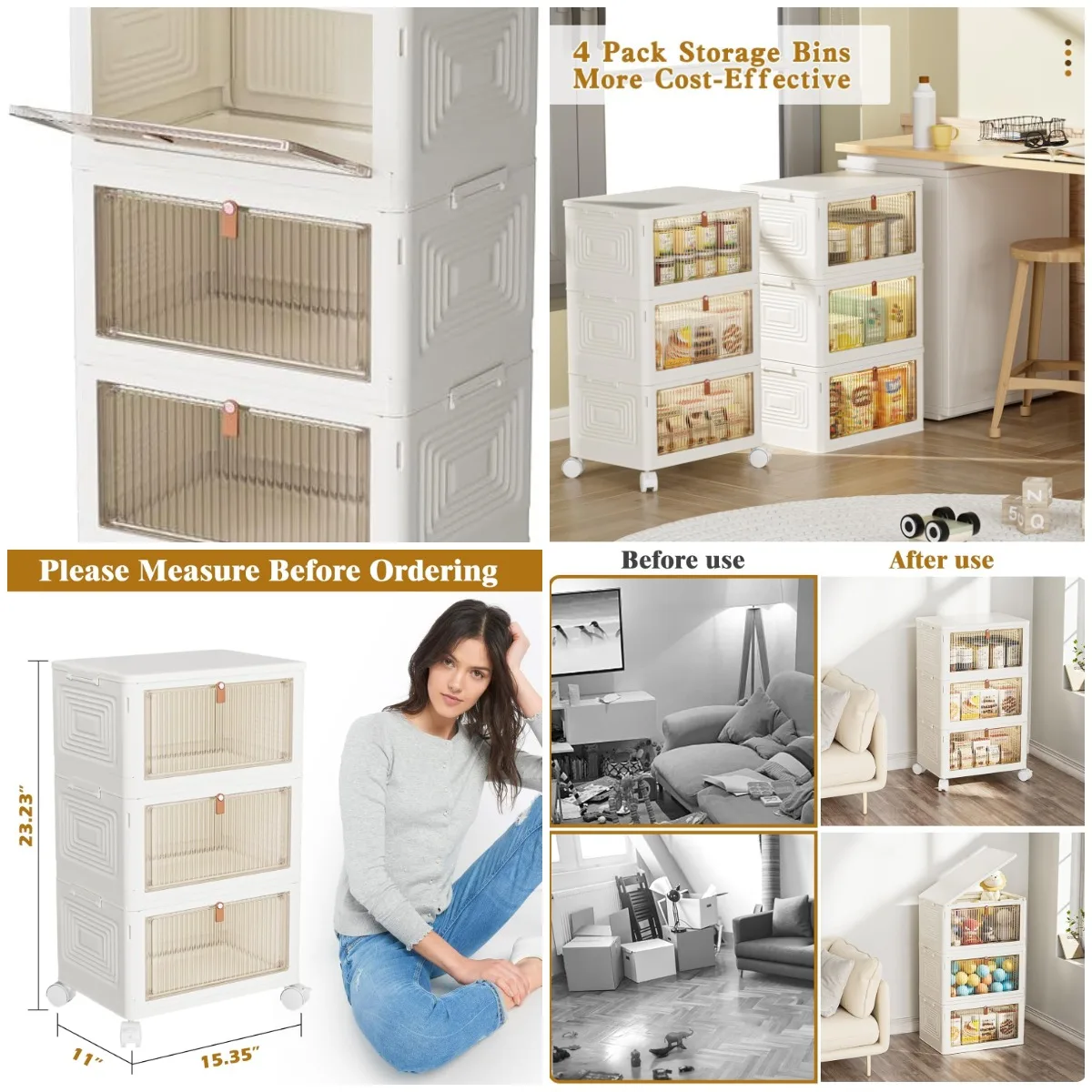 

23Qt Stackable Plastic Storage Bins with Lids, 3-Tier, Folding White Storage Containers for Bedroom, Living Room, Study, Toys