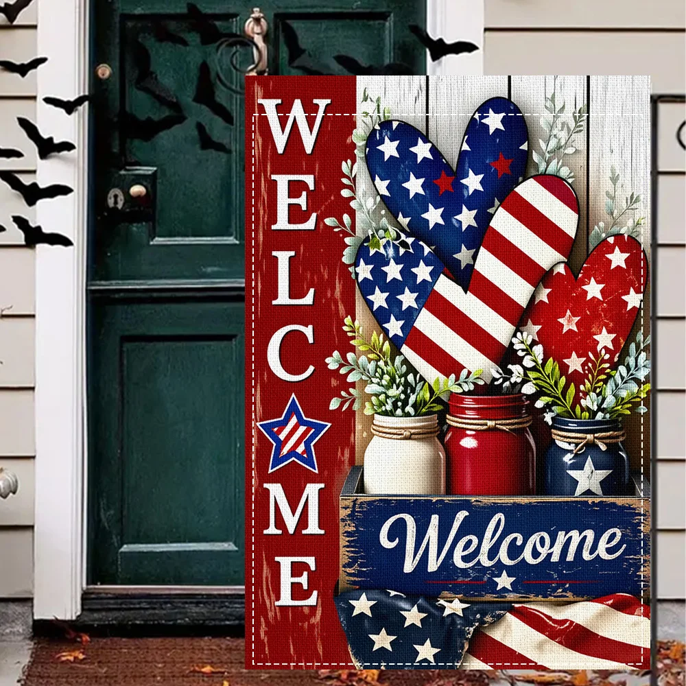 1PC Patriotic Welcome Garden Flag, American Flag Heart and Mason Jar Design, Double Sided Print, Perfect for Independence Day Ya