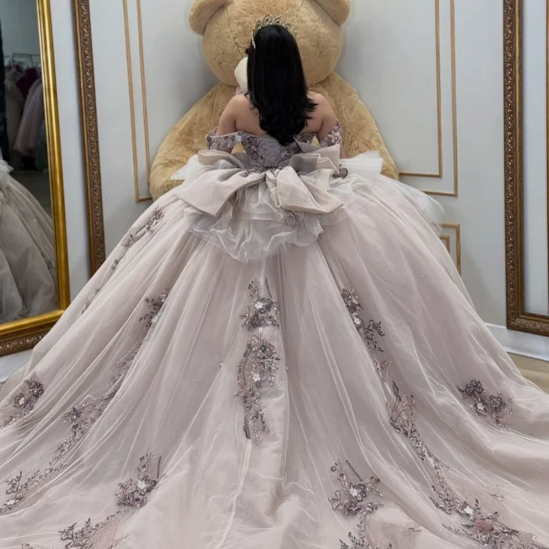 Grey Quinceanera Dress Glitter 3D Flower Decal Long tail off-shoulder Lace Layering Bow Vestidos De 15 Quinceanera ﻿Customize 3