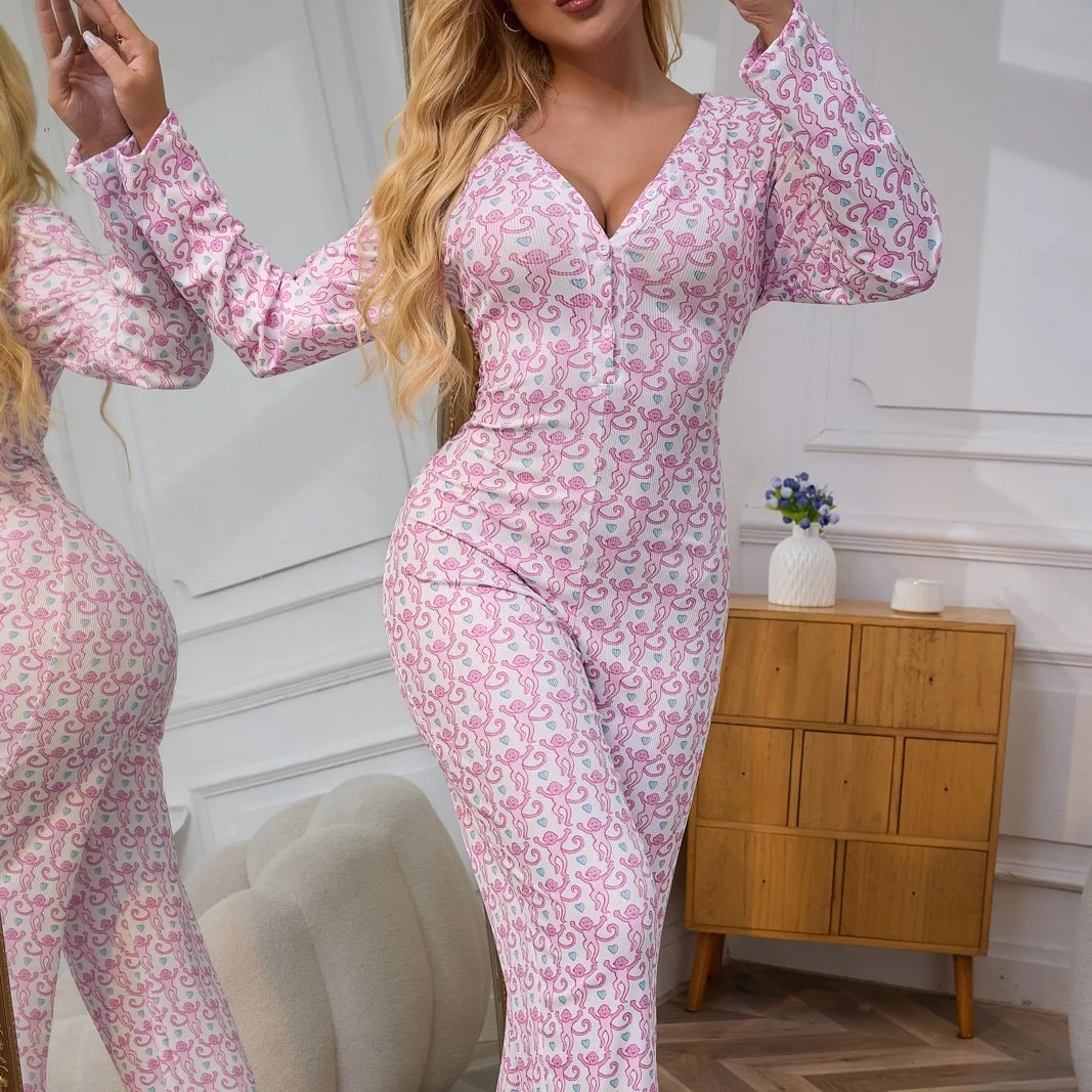 

Новая женская цельная одежда для сна на осень/зиму с длинными рукавами и брюками — сексуальная модная повседневная домашняя одежда для женщин