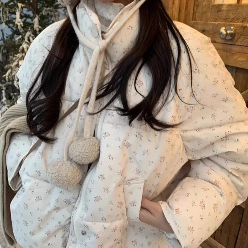 Short Style Parkas Women Winter Sweet Students Lovely Coats Floral Baggy Stand Collar Single Breasted All-match Gentle Ulzzang