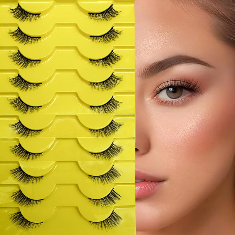 10-halbe Wimpern, weiche, natürliche Katzenaugen-Wimpern, Make-up-Werkzeug, Verlängerung, flauschige künstliche Wimpern, halbe Wimpern