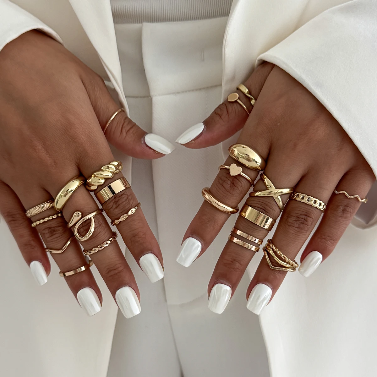 SHIXIN 24Pcs/Set Trendy Irregular Geometry Open Ring for Women Punk Metal Gold Color Stackable Adjustable Ring Set Party Jewelry
