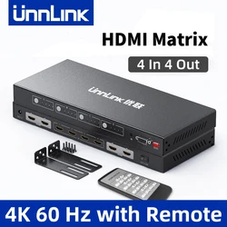 Unnlink 4K 60Hz macierz HDMI 4x4 HDCP 2.2 przejściówka 4 wejście 4 wyjście RS232 IR pilot do telewizora PS4 PC