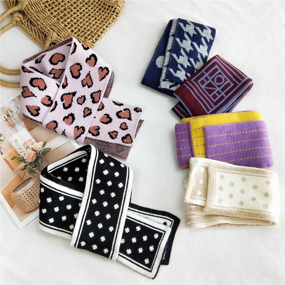 

10*150cm Autumn Winter Double Sided Print Polka Dot Small Scarf Students Insulation Knitted Wool Long Style Thick Warm Muffler