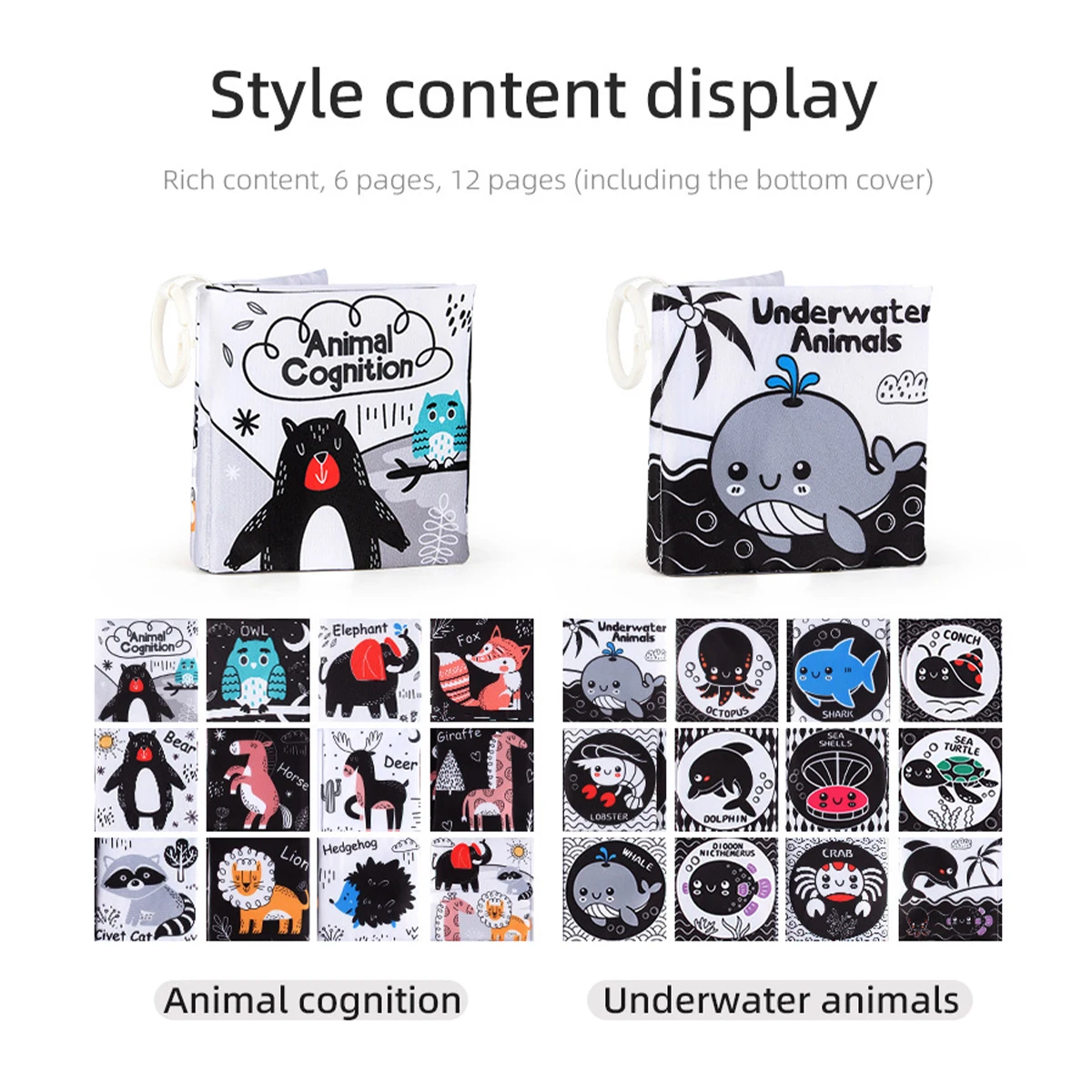 Libro di stoffa morbida per bambini Giocattoli Animali e animali subacquei Apprendimento di giocattoli educativi per 0+ Sviluppo precoce del bambino sensoriale