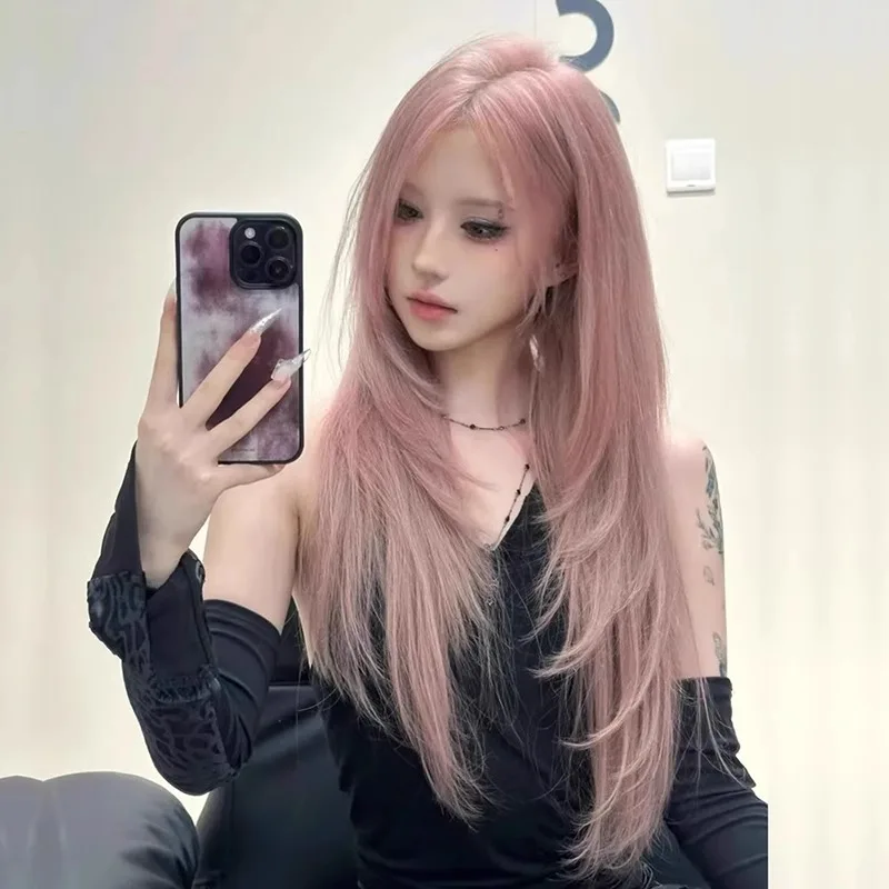 

Synthetic pink wig for women, long straight hair, full headpiece for spicy girls