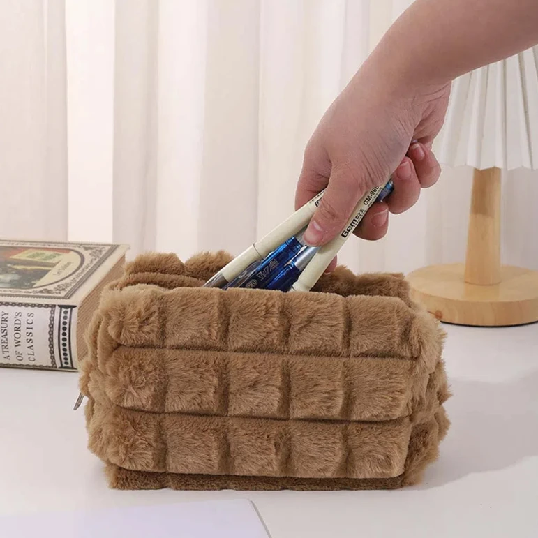 Solid Color Plush Pencil Case Stationery Organizer Large Capacity Stationery Bag Soft Plush Puff Plush Pen Bag Lady Girls
