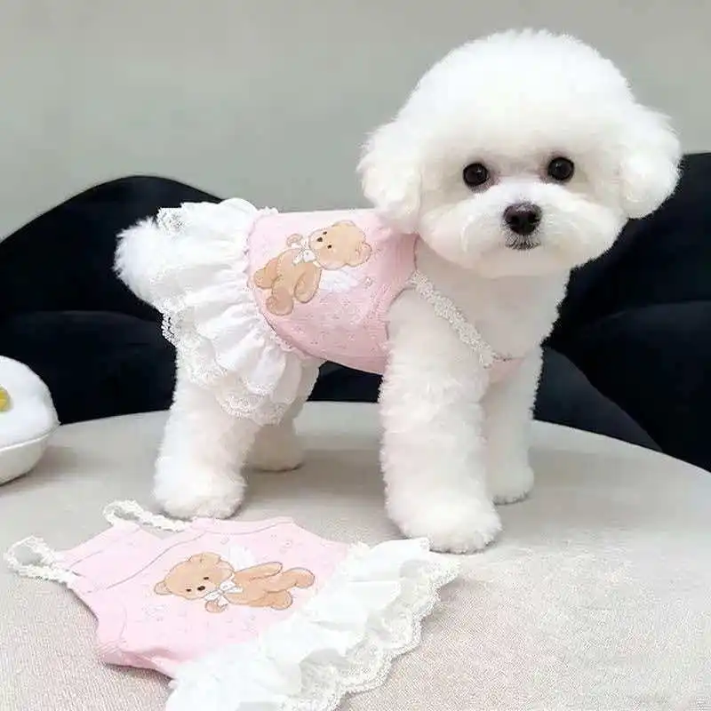Cartoon Pet Dresses Lace Camisole Dress Thin Breathable Small Bear Vest Dress for Small and Medium-sized Dogs Cats Puppy Clothes