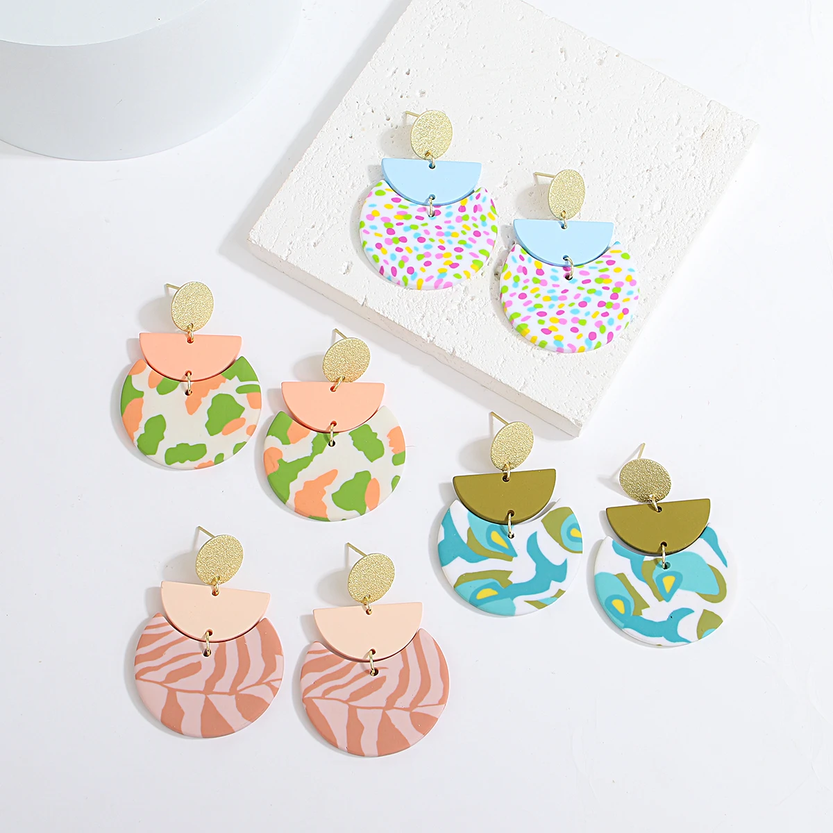 AENSOA Handmade Floral Leaf Abstract Pattern Polymer Clay Earrings for Women Colorful Multiple Geometric Drop Earrings Jewelry