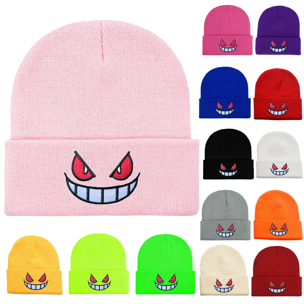 

New Fashion Cartoon Popular American Anime Cartoon Embroidered Knitted Hats Beanies Autumn Winter Warm Wool Hat Gengar Beanies