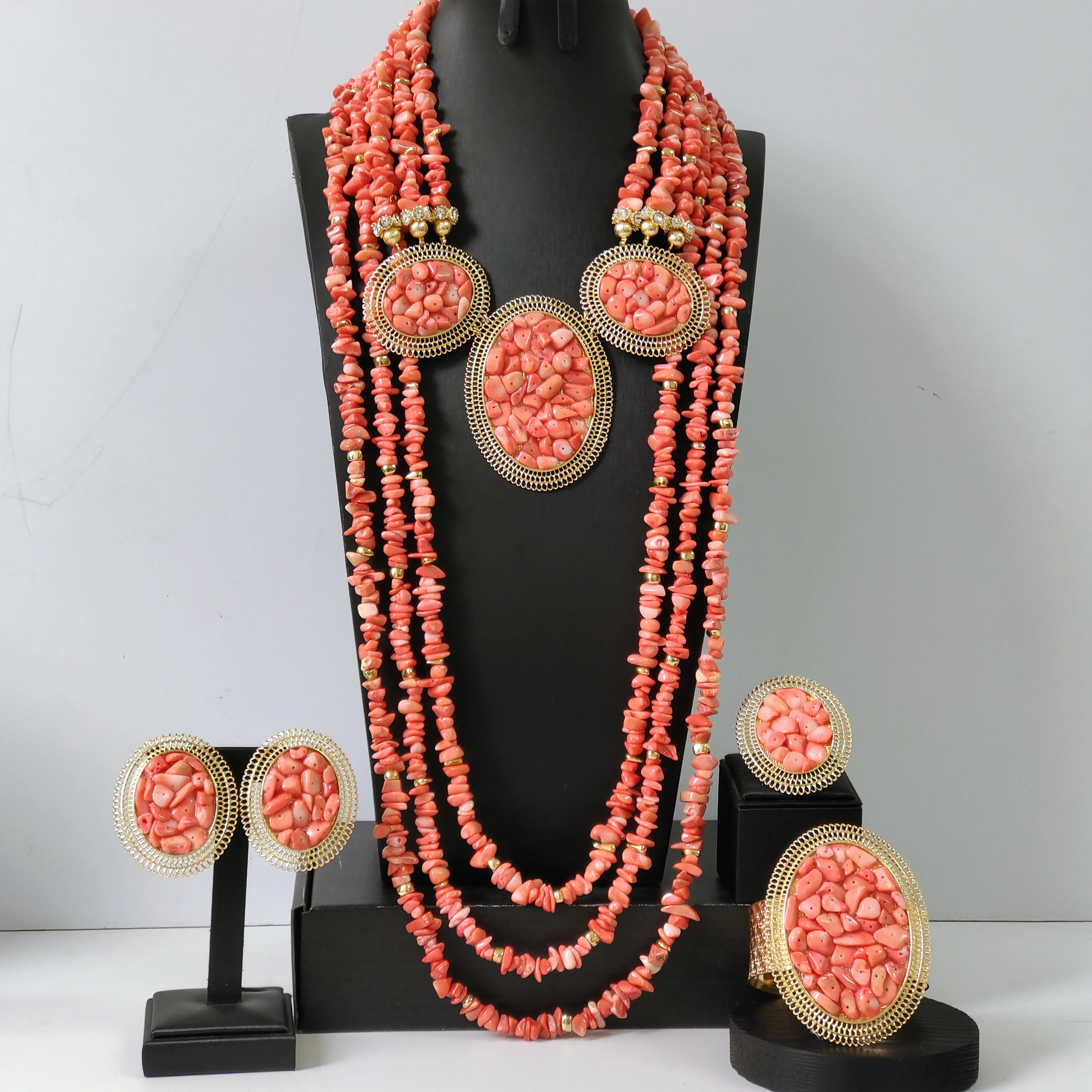 

New Nigerian Wedding Coral Beaded Necklace Sets African Bridal Jewelry Accessories