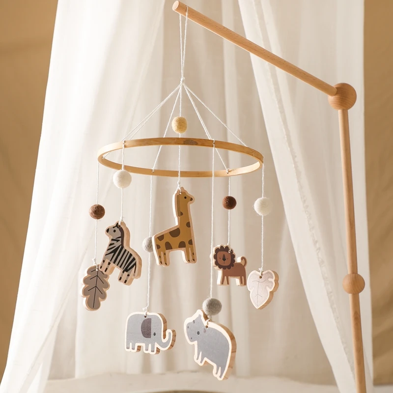 Baby Wooden Bed Bell Cartoon Animal Pendant Hanging Toy 0-12 Months Crib Mobile Bed Bell Wood Toy Holder Arm Bracket Kid Gift