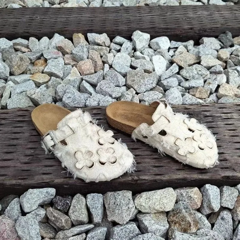 New Luxury Fashion Women's Suede Mules Slippers Cork Insole Sandals Support Outdoor Beach Comfort Shoes Zapatos Mujer