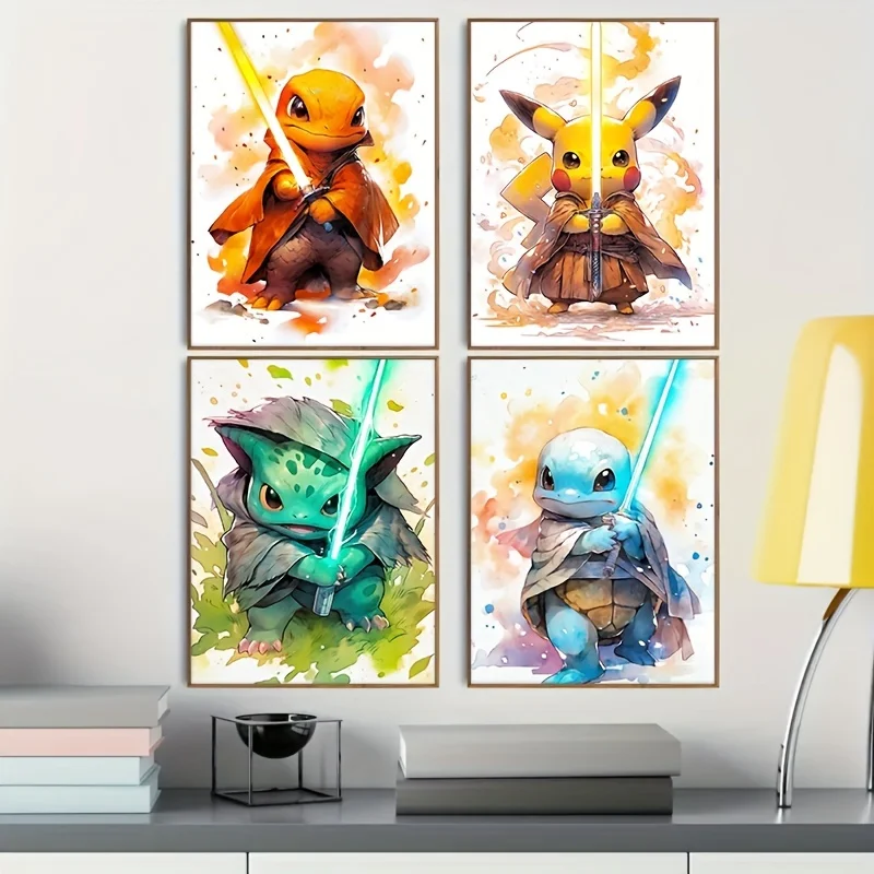 4Pcs Cartoon Anime Pokemon Soldier Pikachu Squirtle Bulbasaur Charmander Poster Wall Art Prints Canvas Painting Wall Home Decor