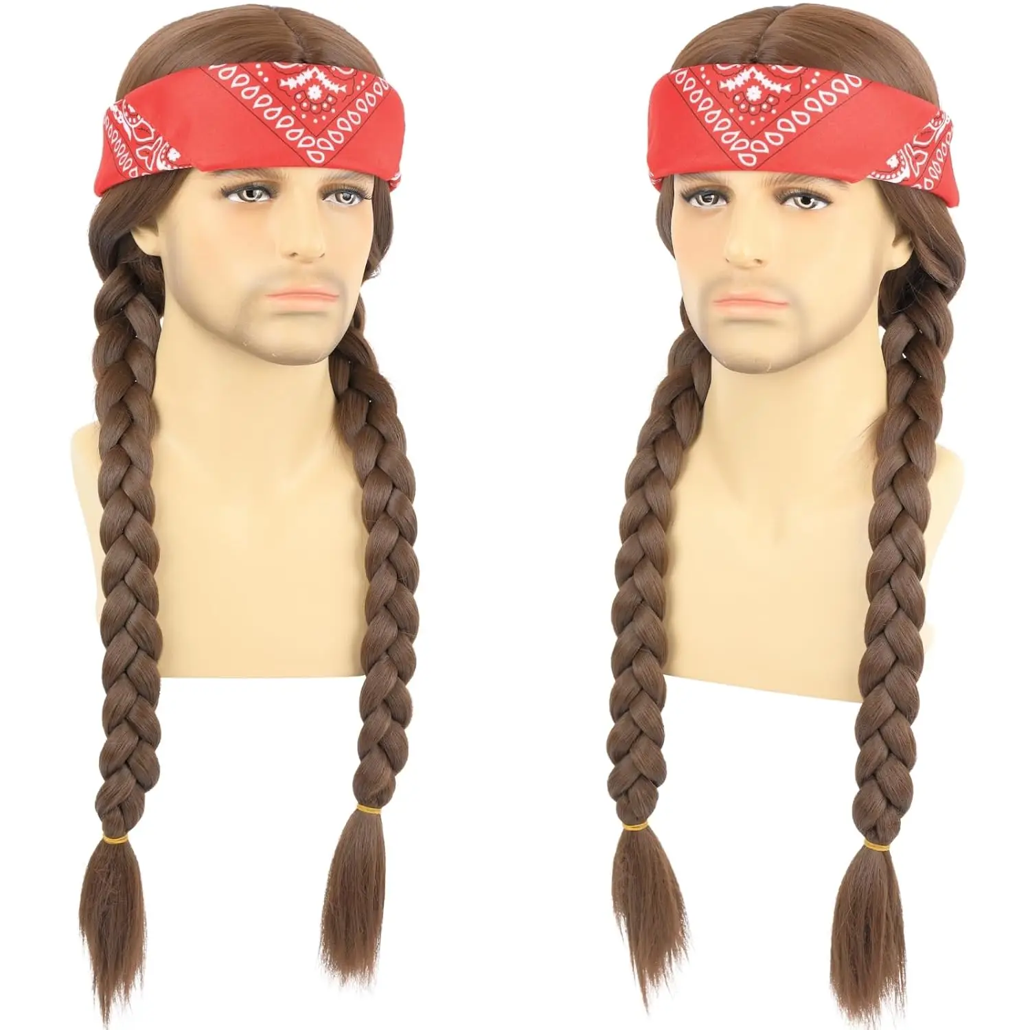 Long Brown Braided Wig with Bandana for Mens 60s Hippie Costume Halloween Party Wigs