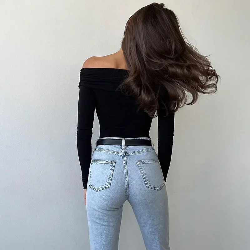 Elegant V-neck Black Bodydiut Off-the-shoulder Patchwork Long Sleeve Jumpsuit Women White Body Suit Streetwear Lady Base Tops