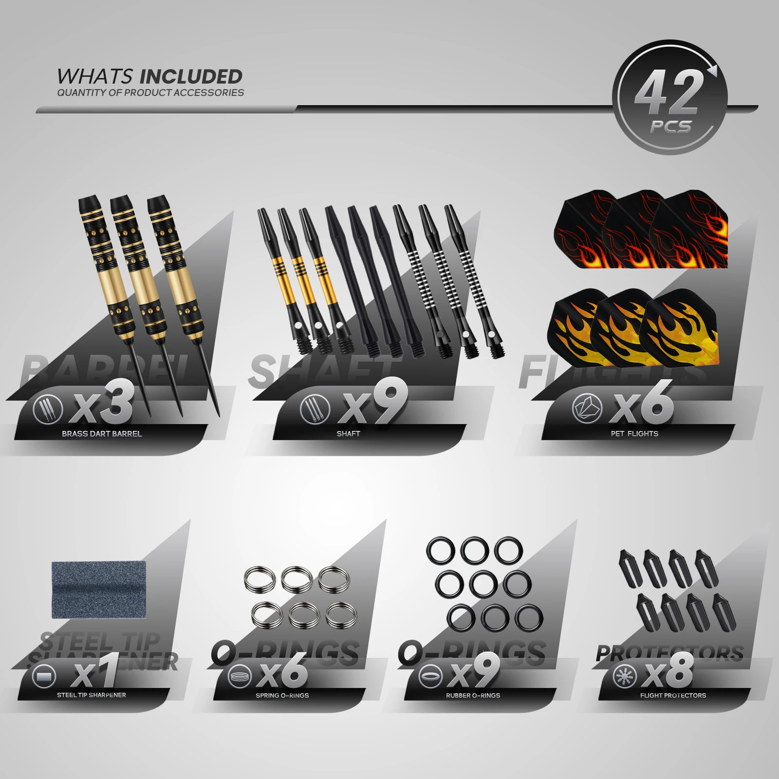 HUANQU 3Pcs 19g Metal Steel Tip Darts Set Flame PET Flights Aluminum & Plastic Shafts O-Rings Sharpener Case Professional Kit