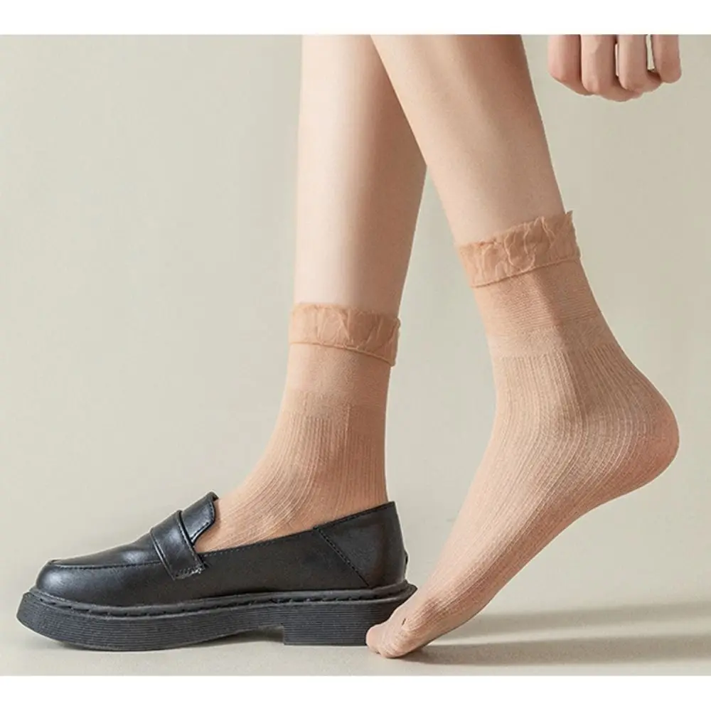 Kawaii Lolita Summer Women Socks Ultra-thin Hollow Out Lace Ruffle Socks Elastic Transparent Mesh Socks For Female Ladies