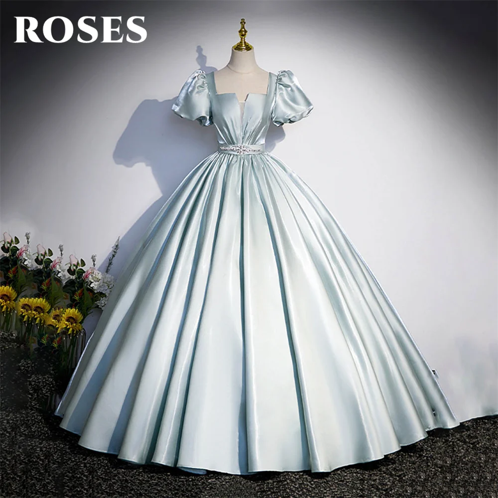 ROSES Light Blue Chic Woman Evening Dress Gown Stain Short Sleeve A Line Ball Gown Lace Up Back Night Dress Gown robes de soirée